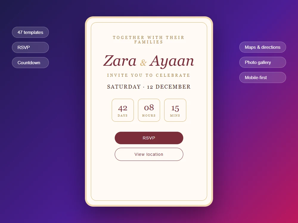 Digital wedding invitation platform: an invitation page with event details, countdown and RSVP